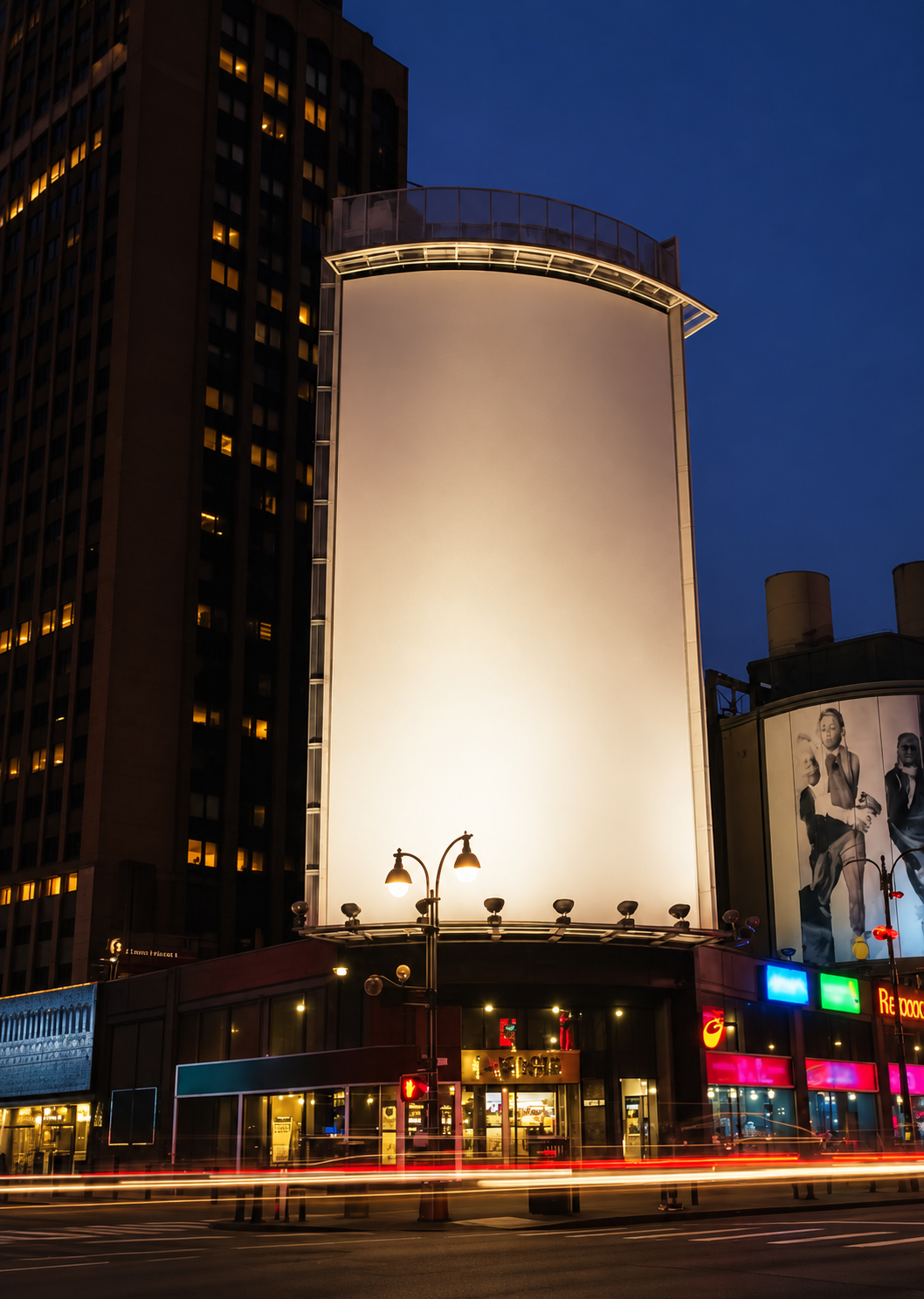 An illuminated billboard on a city street at night